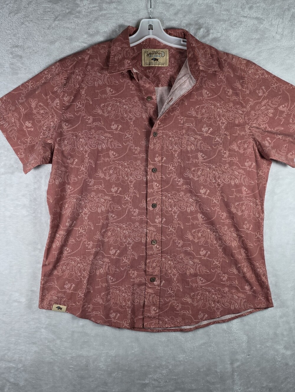 Western Aloha Short Sleeve Button Up Mens Size Extra Large Burnt Red Pig Rooster